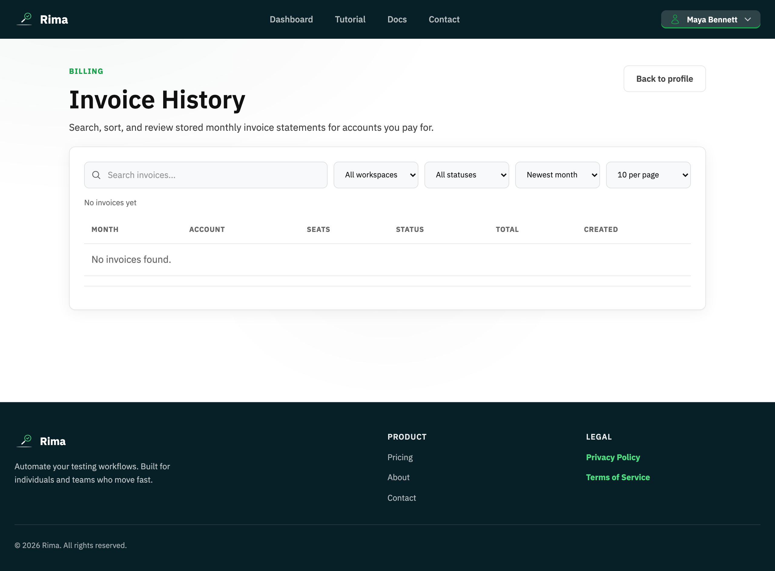 The Rima billing invoices page