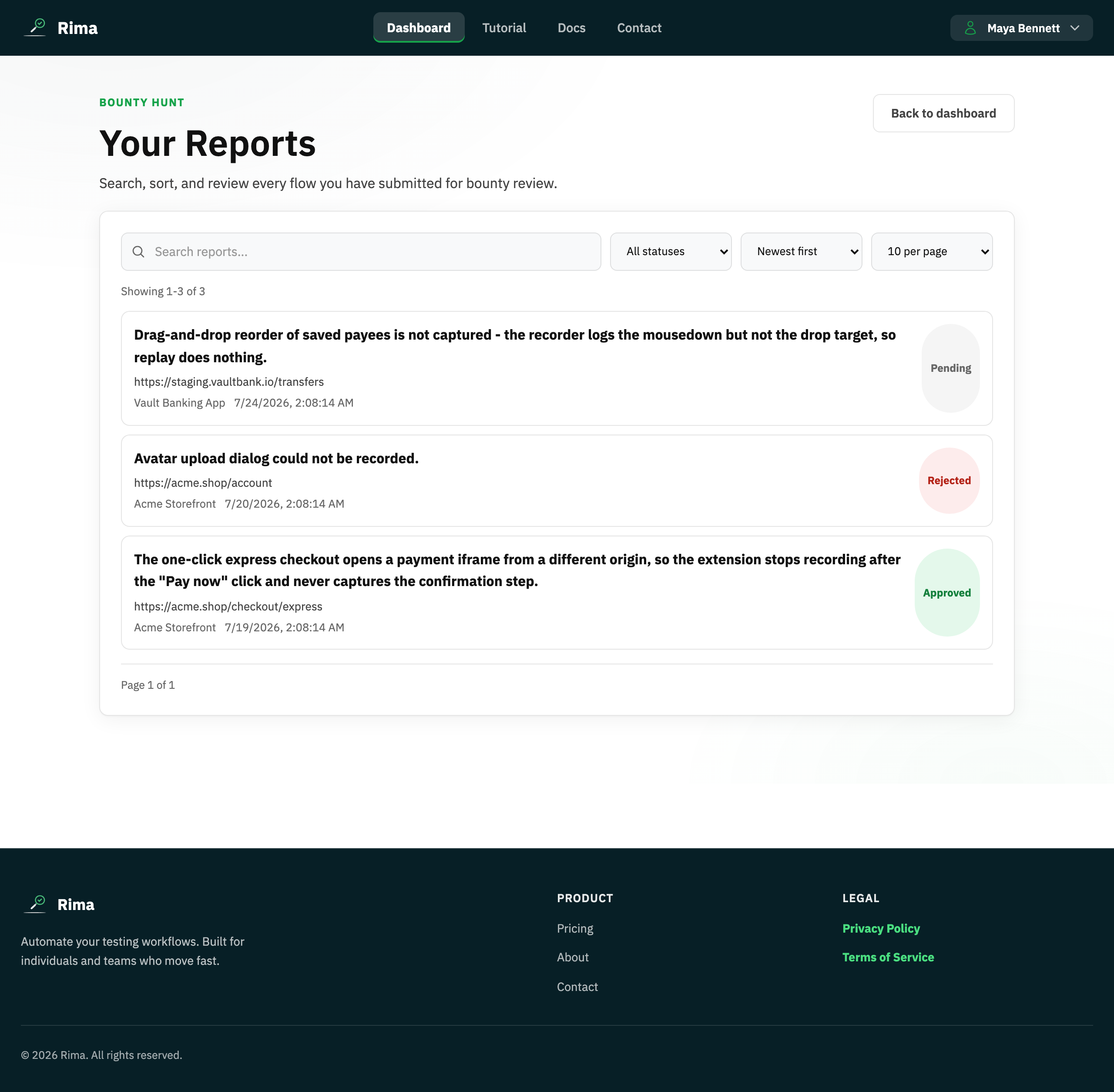 The Rima bounty reports page