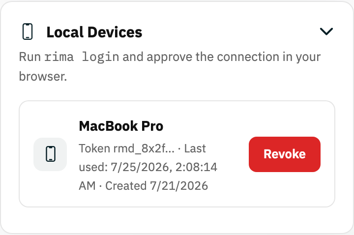 Local devices on the Rima dashboard