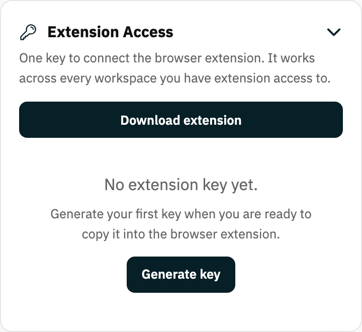 The extension token panel on the dashboard