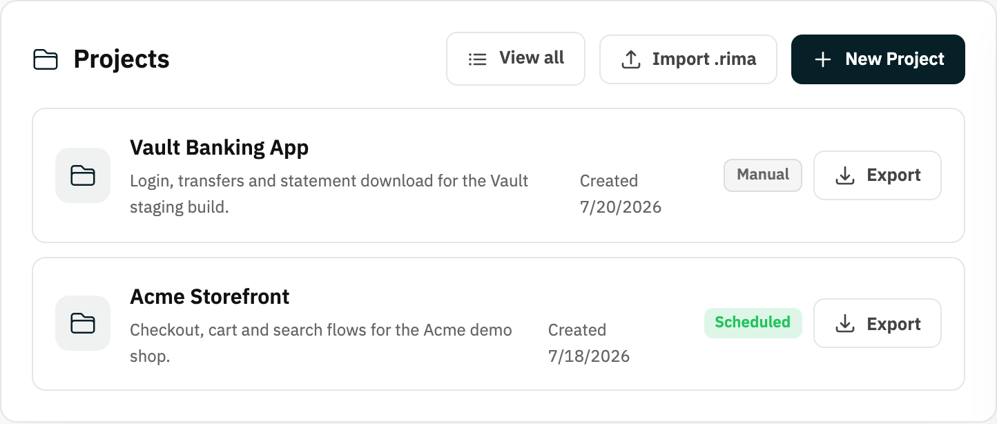 Dashboard projects panel