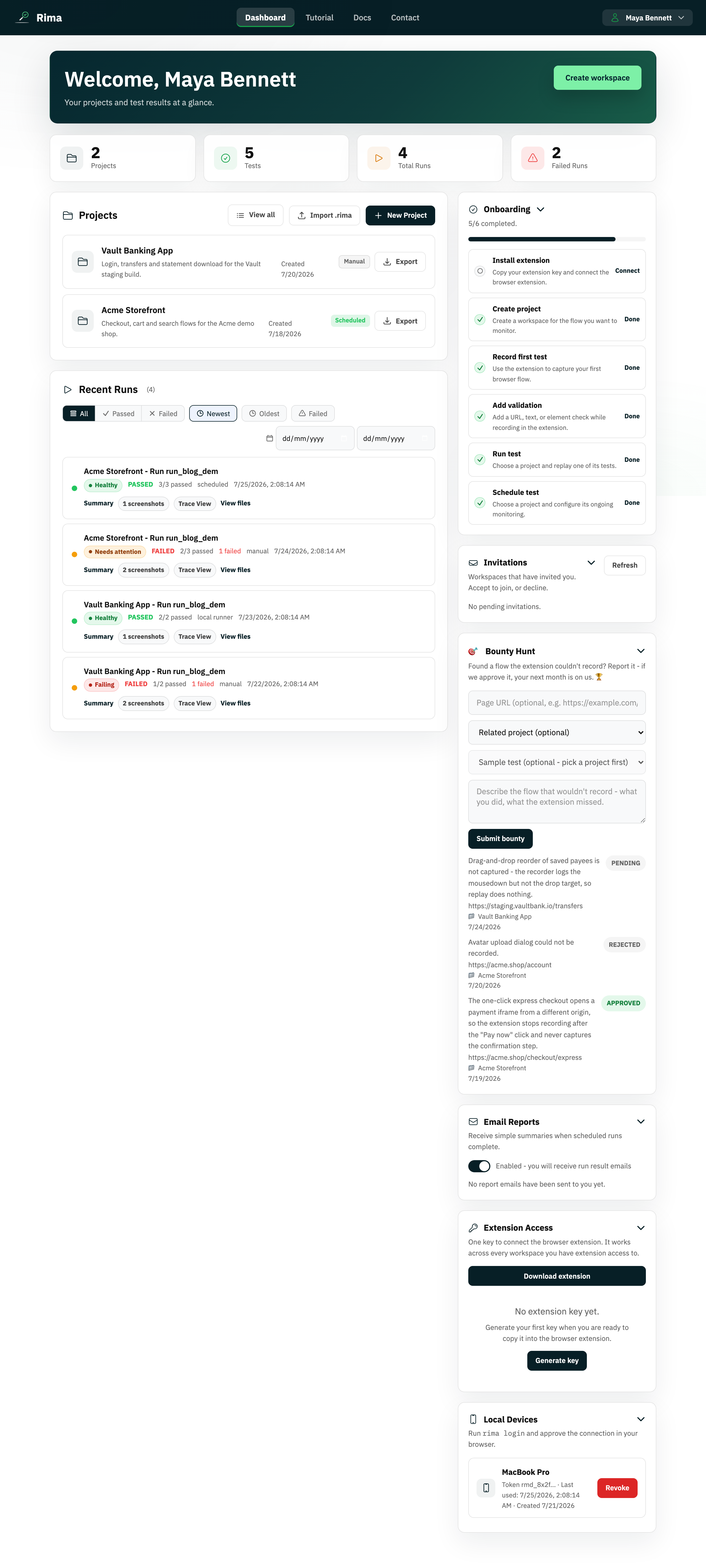 The Rima dashboard