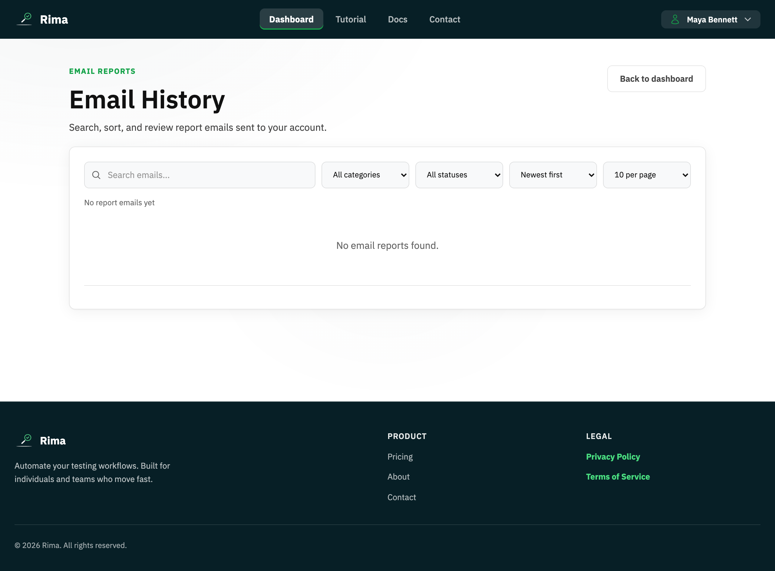 The Rima email reports page