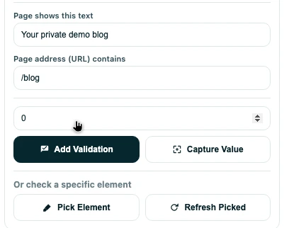 The Rima extension asking what should be true: the text the page has to show, the address it has to reach, and a Pick Element button for checking one thing on the page