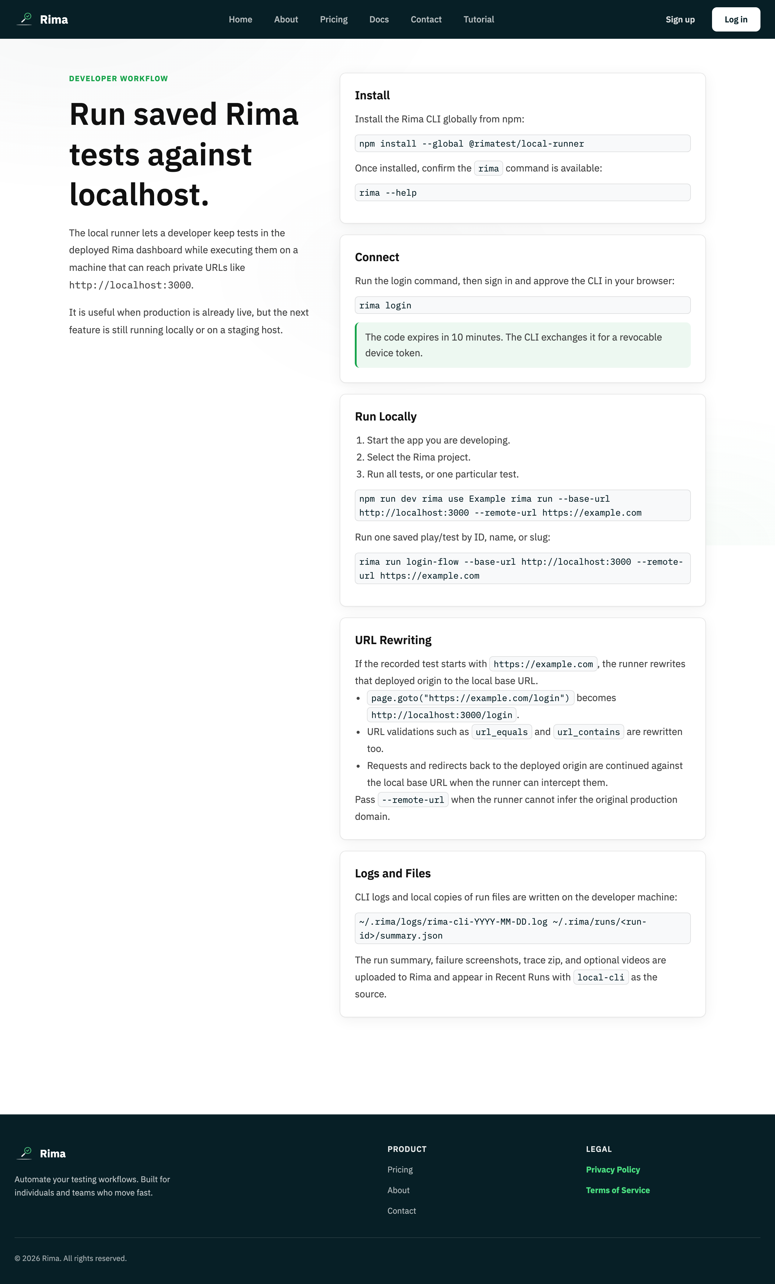 Rima local runner setup and CLI workflow