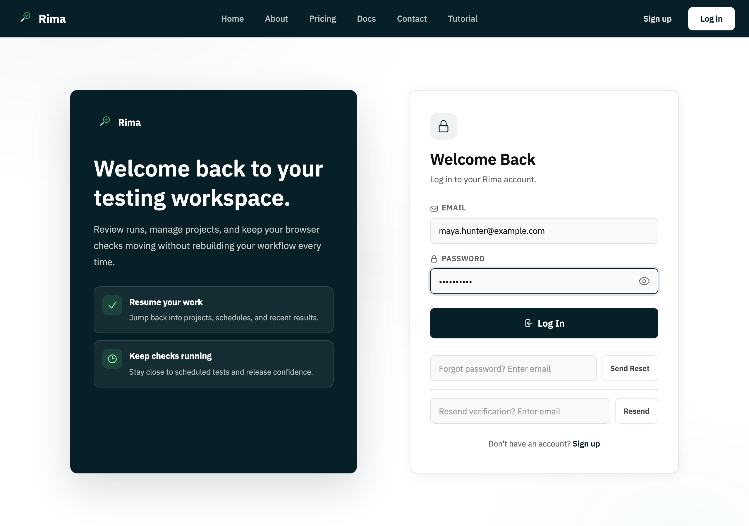 The Rima login page