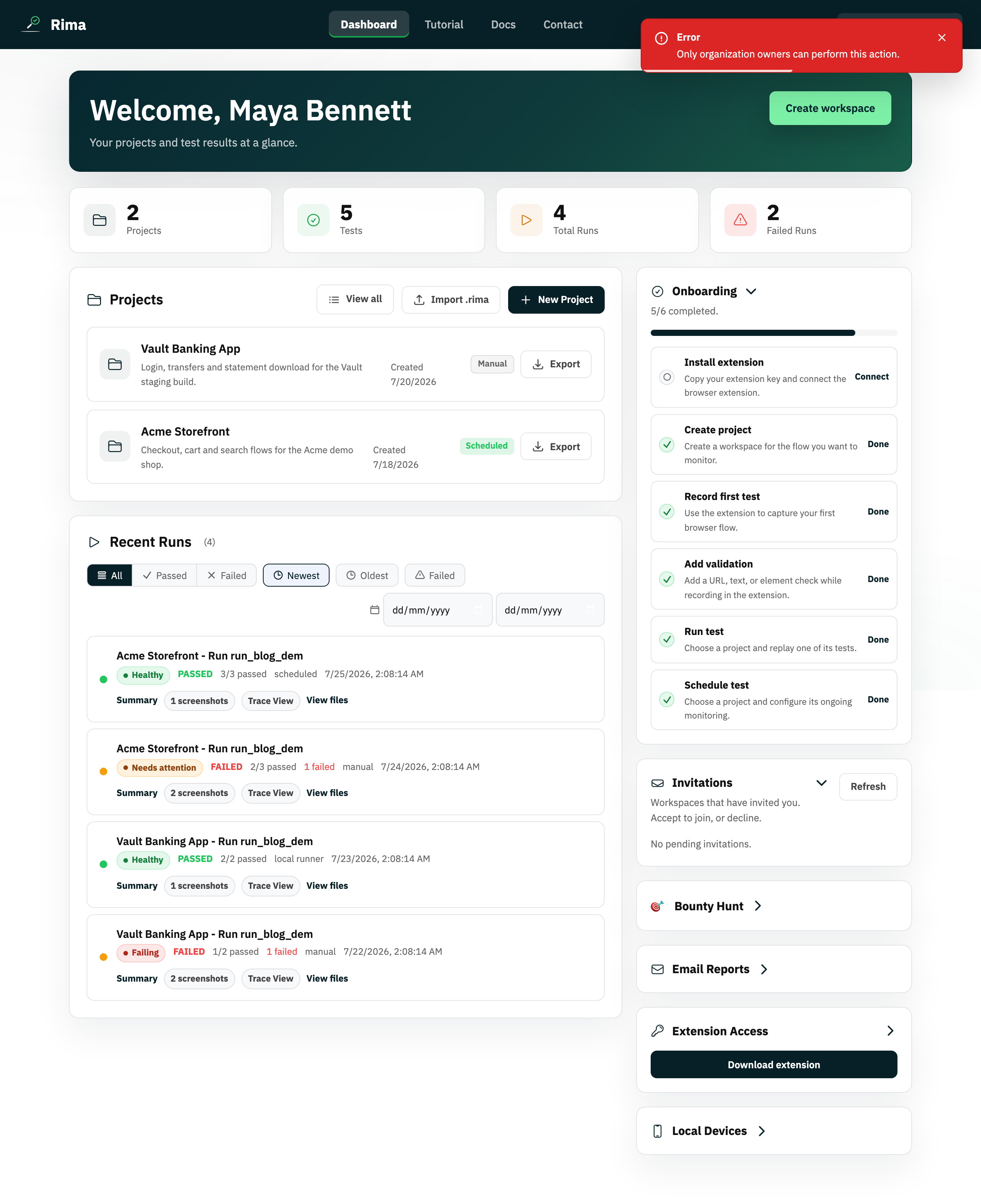 The Rima workspace permissions page