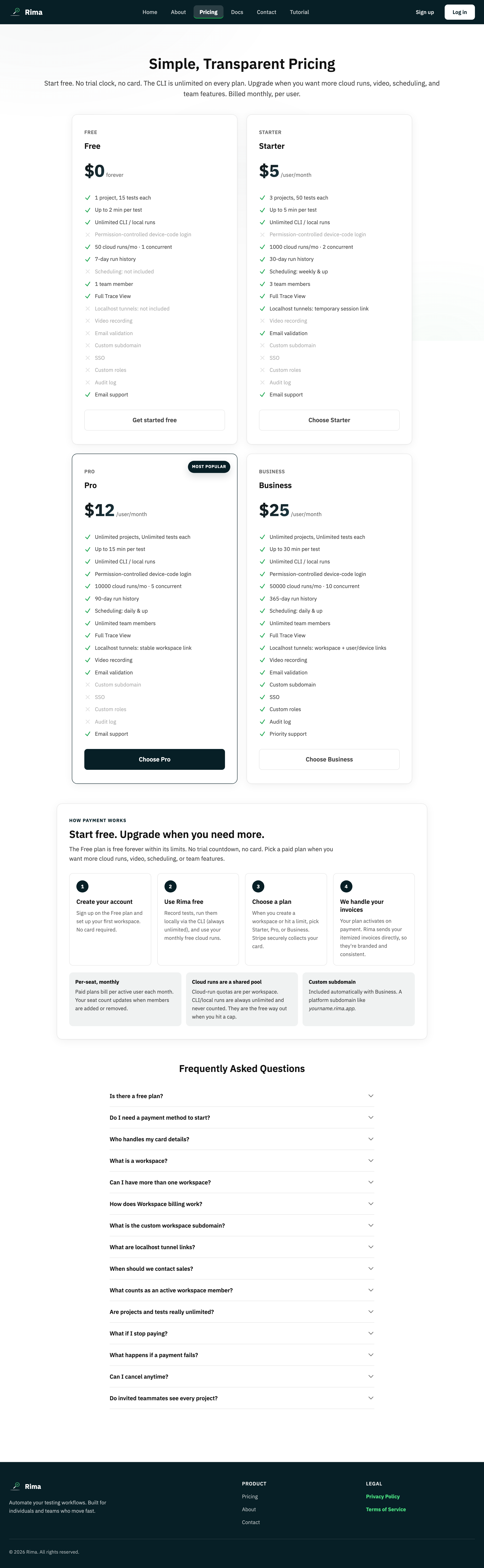 The Rima pricing page