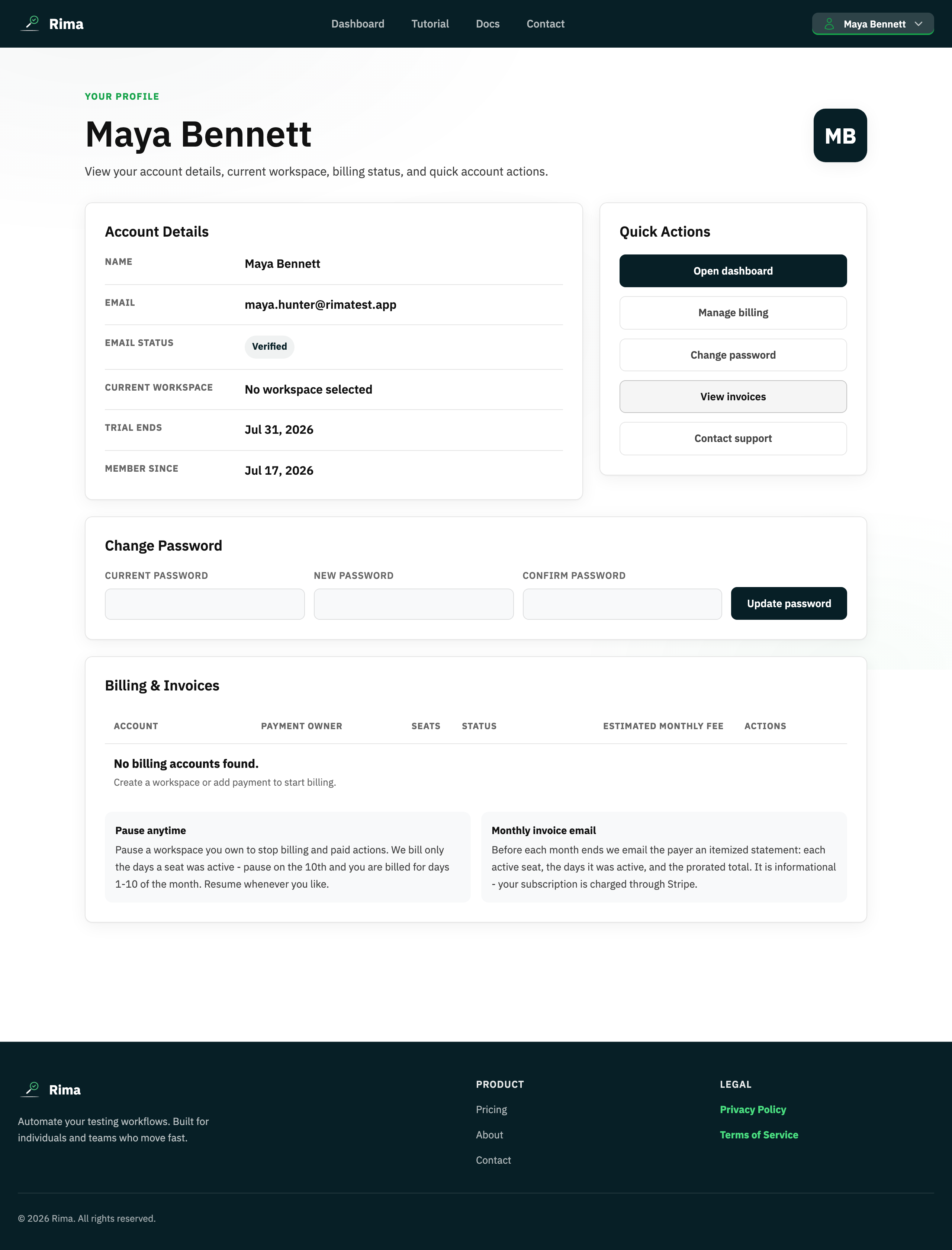The Rima profile page