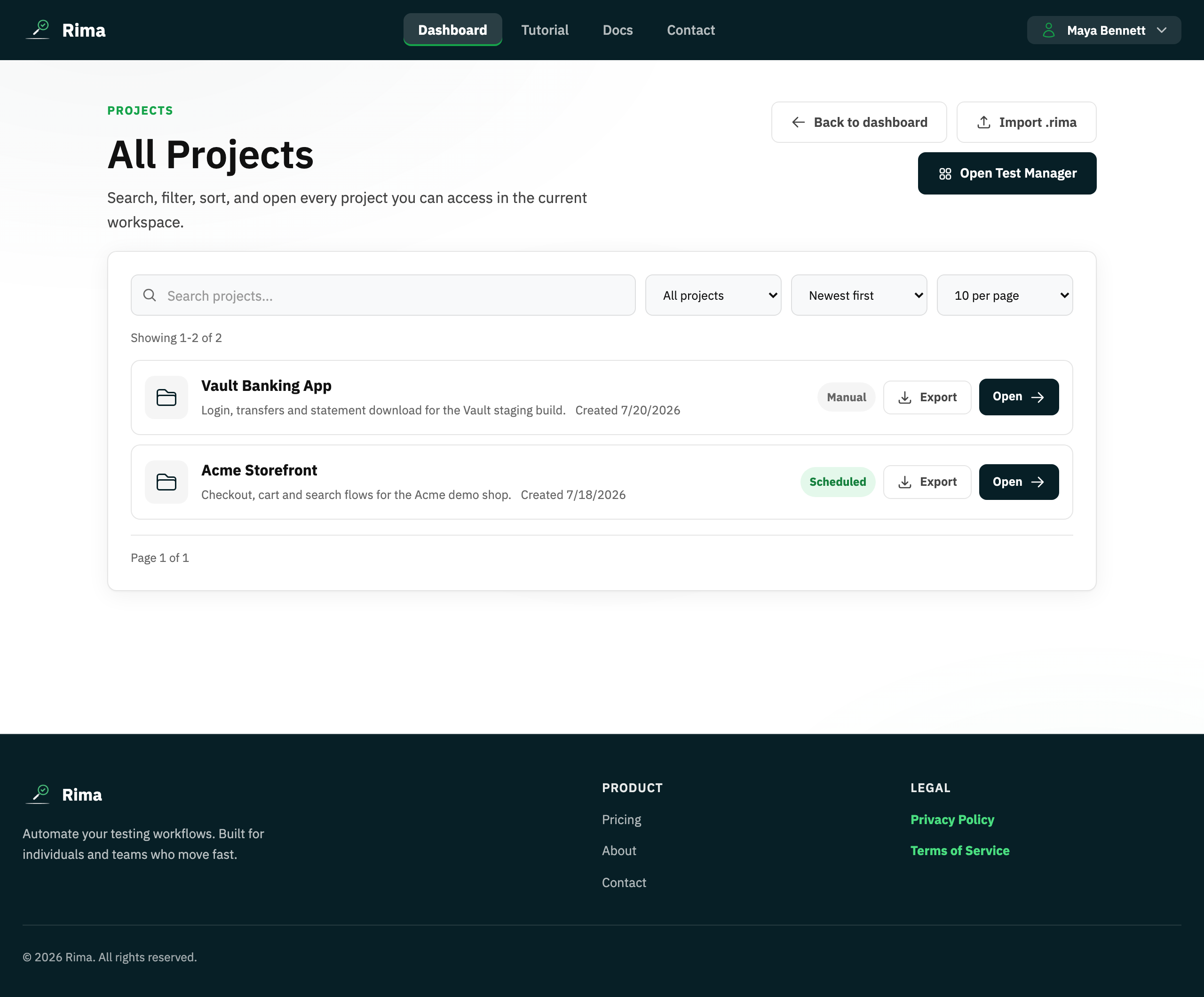 The full Rima projects page